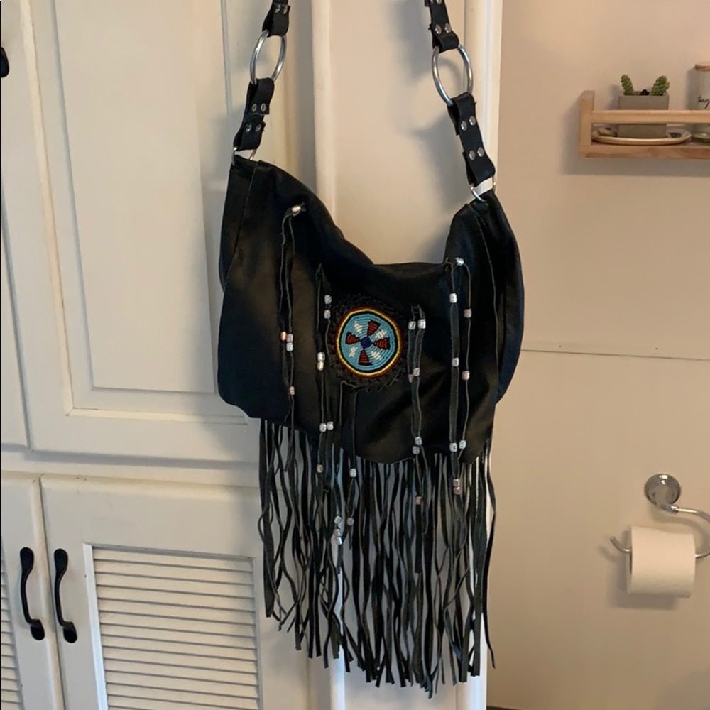 Vintage Leather Boho Fringe Beaded Shoulder Bag